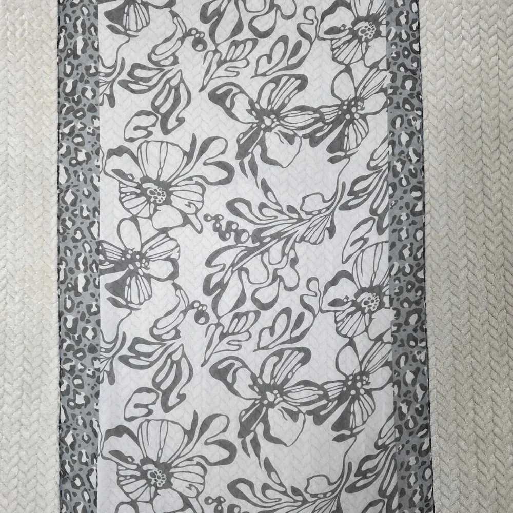 Noxiya Silk Scarf Gray Leopard Floral Print Sheer OS Luxury, Wrap, Lightweight